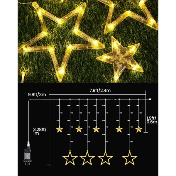 iShabao Christmas Star Curtain Lights, 138 LED Curtain Fairy Lights with 12 Stars, 8 Modes Christmas Window Lights for Xmas Tree, Party, Wedding, Garden, Bedroom, Christmas Decorations (Warm White)