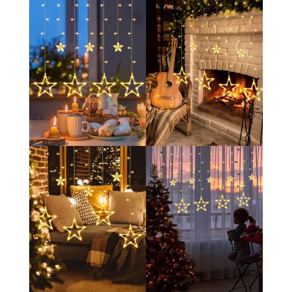 iShabao Christmas Star Curtain Lights, 138 LED Curtain Fairy Lights with 12 Stars, 8 Modes Christmas Window Lights for Xmas Tree, Party, Wedding, Garden, Bedroom, Christmas Decorations (Warm White)