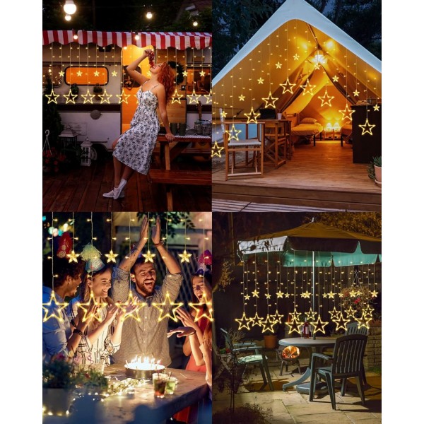 iShabao Christmas Star Curtain Lights, 138 LED Curtain Fairy Lights with 12 Stars, 8 Modes Christmas Window Lights for Xmas Tree, Party, Wedding, Garden, Bedroom, Christmas Decorations (Warm White)