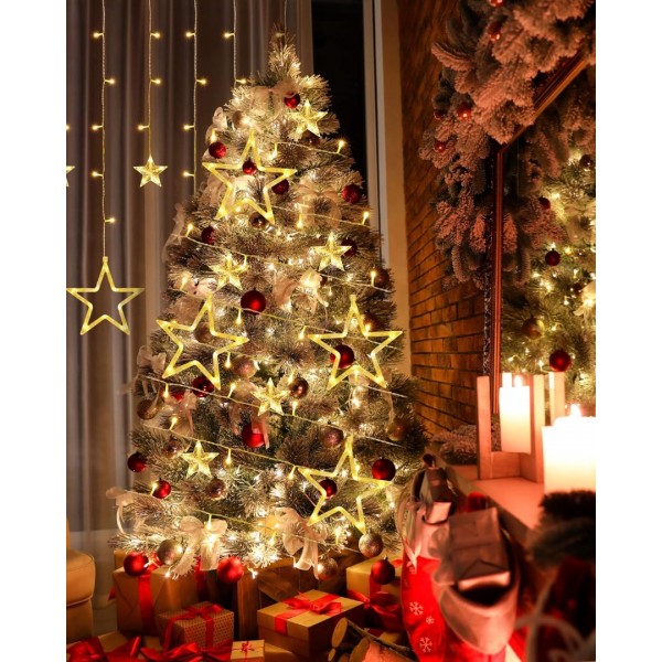 iShabao Christmas Star Curtain Lights, 138 LED Curtain Fairy Lights with 12 Stars, 8 Modes Christmas Window Lights for Xmas Tree, Party, Wedding, Garden, Bedroom, Christmas Decorations (Warm White)