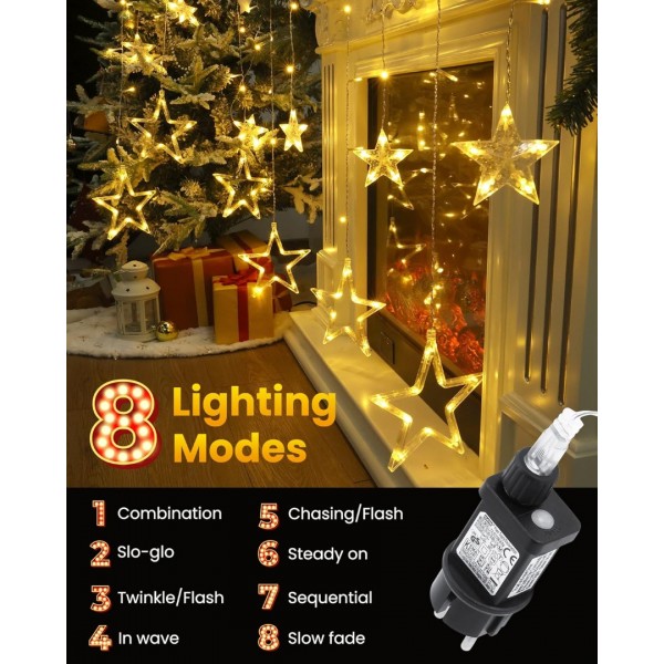 iShabao Christmas Star Curtain Lights, 138 LED Curtain Fairy Lights with 12 Stars, 8 Modes Christmas Window Lights for Xmas Tree, Party, Wedding, Garden, Bedroom, Christmas Decorations (Warm White)